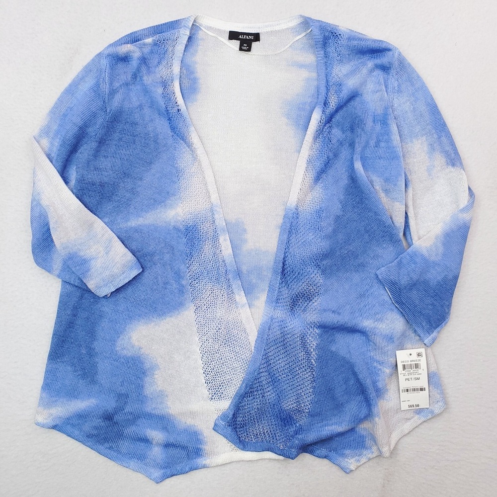 Alfani Sweater Womens Petite Small Blue Tie Dye Cardigan Sky Linen Blend NWT